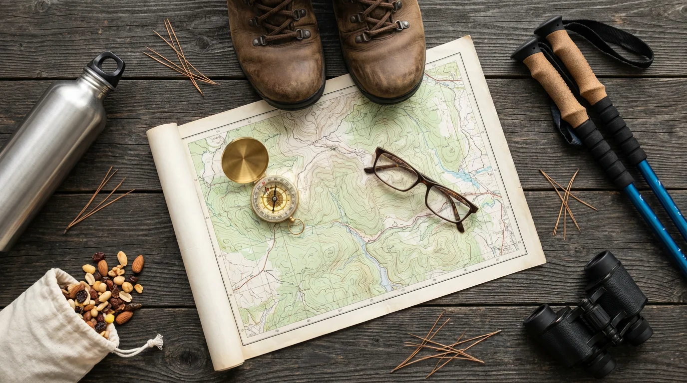 Senior hiking essentials like boots, a map, and a compass arranged in a flat lay.
