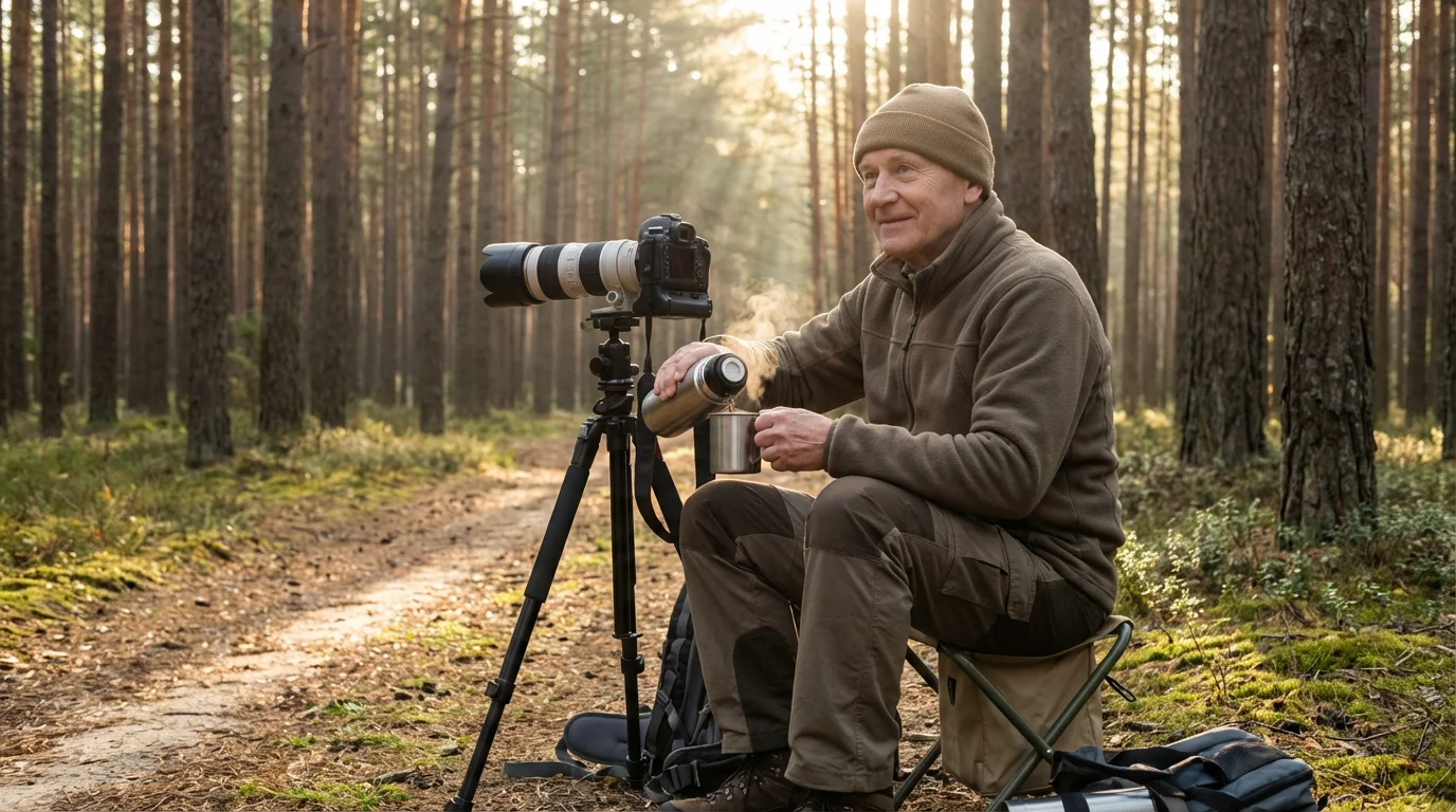 Senior male photographer taking a comfortable tea break on a forest trail at sunset.