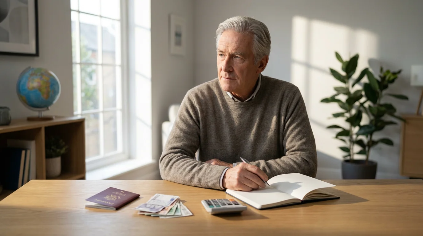 Senior man at a desk with a passport and calculator, planning his travel budget.