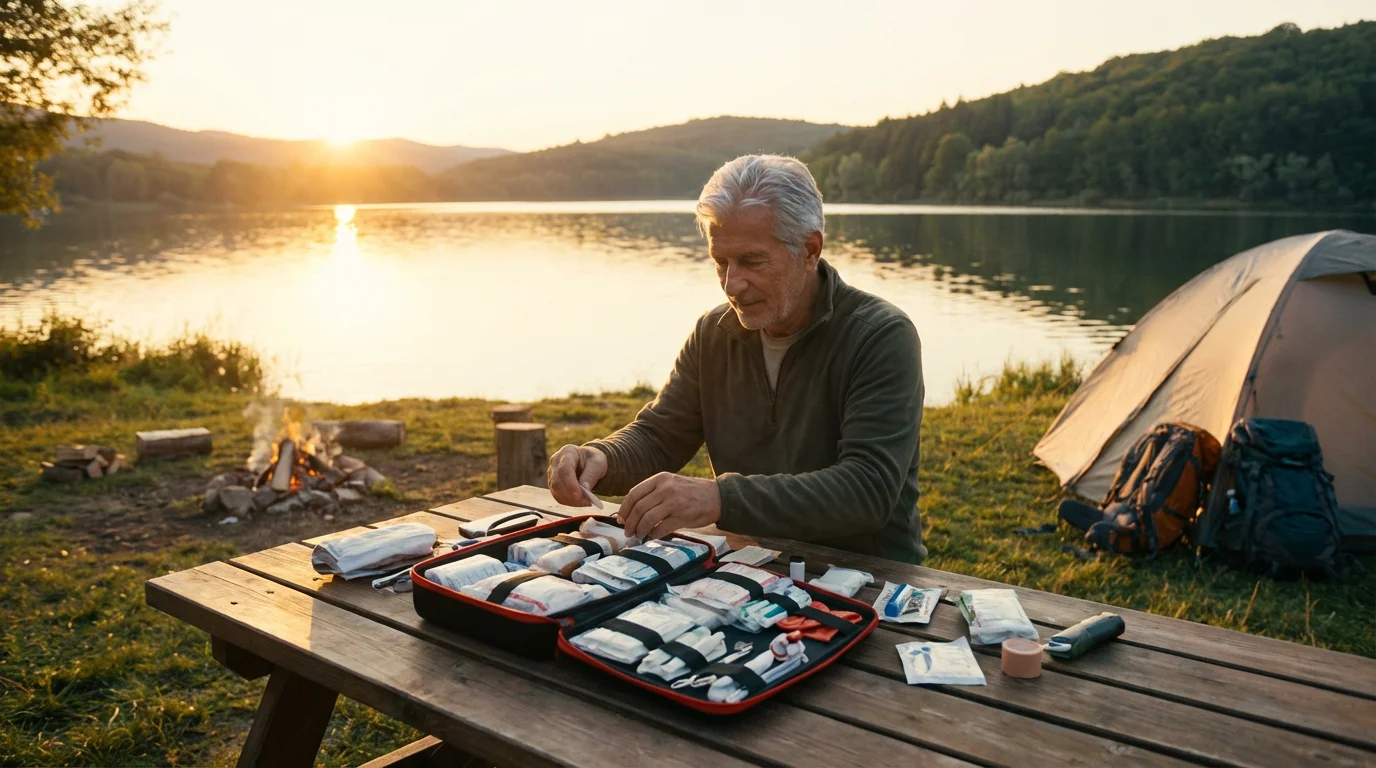 Senior man at a lakeside campsite organizing a first-aid kit during golden hour.