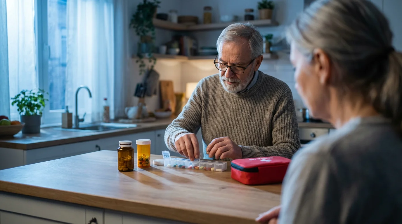 Senior man carefully organizing medications into a pill planner for a road trip.