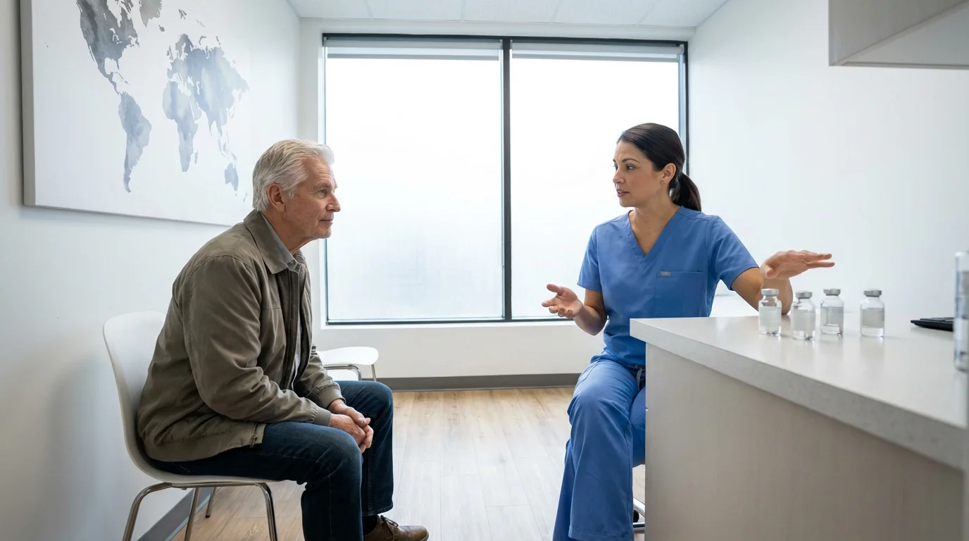 Senior man consulting with a doctor in a modern travel clinic before a trip.