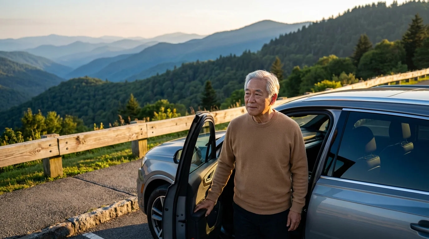 Senior man getting out of his car at a Smoky Mountains overlook during sunset.