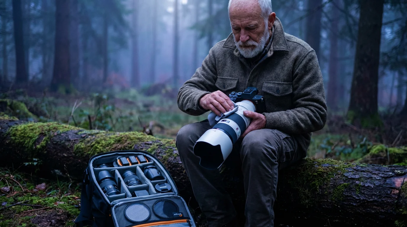 Senior man in a forest at dusk cleaning his professional camera telephoto lens.