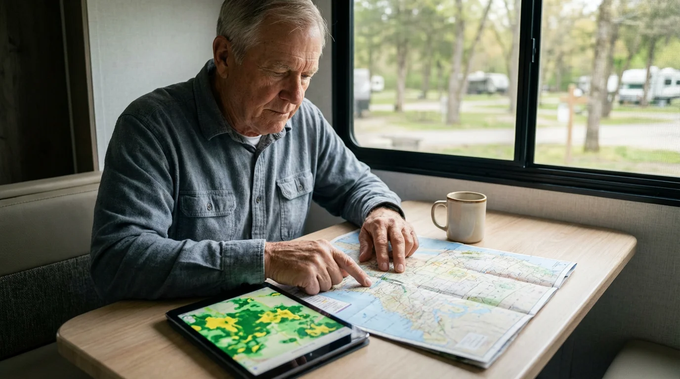 Senior man in an RV planning a trip using a paper map and a tablet.