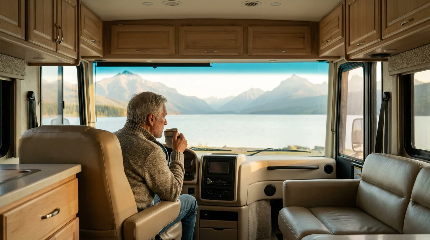 Senior man inside a modern RV looking out the window at a mountain lake.
