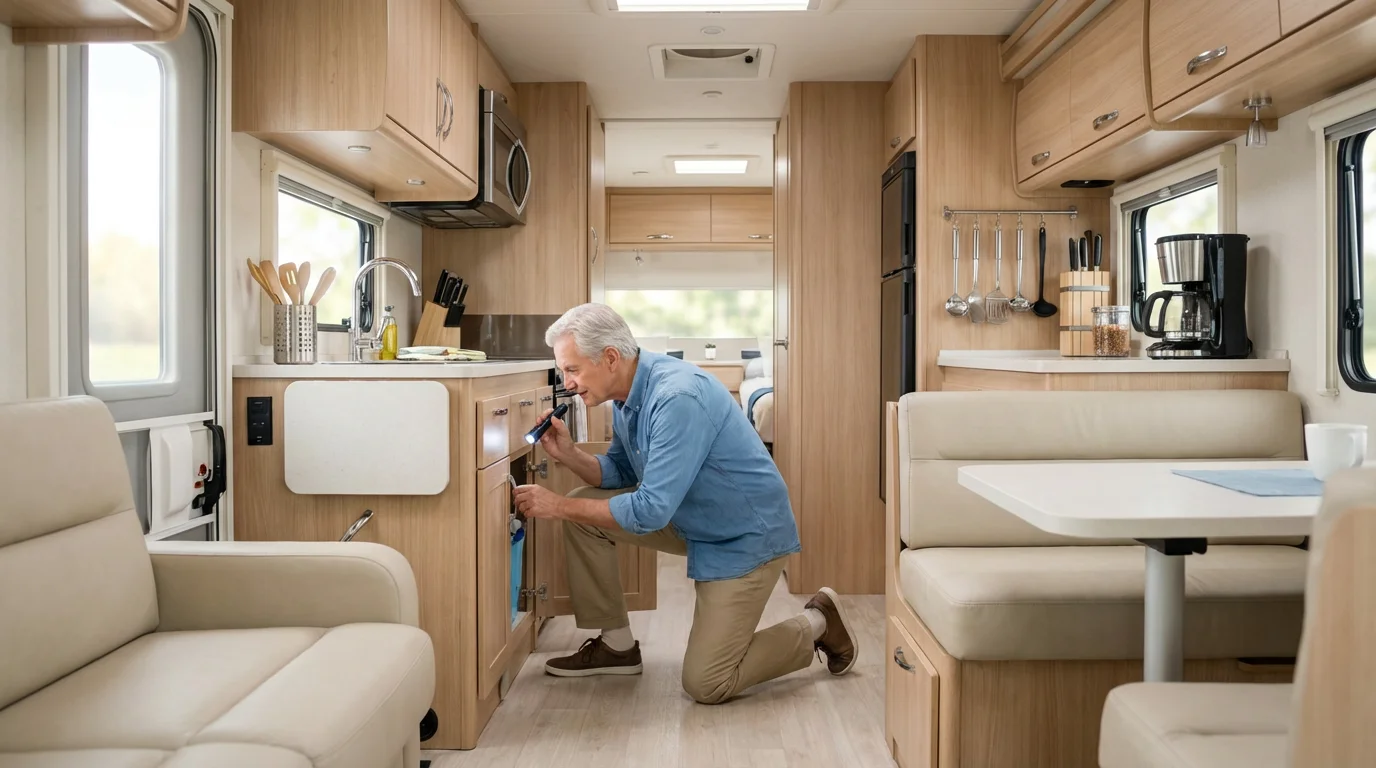 Senior man inspecting kitchen plumbing inside a bright and modern motorhome during the morning.