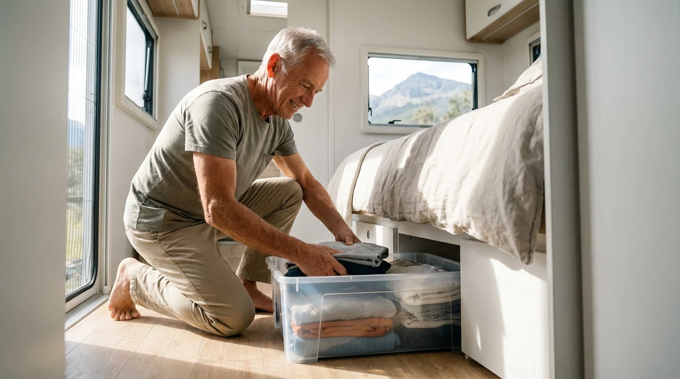 Senior man kneeling on floor, packing a storage bin inside a modern RV bedroom.