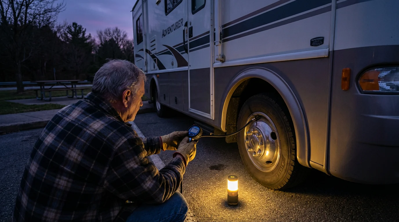 Senior man kneeling, using a tire pressure gauge on his RV at dusk.