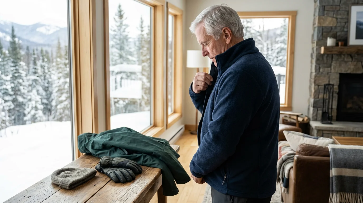 Senior man layering clothes with a fleece jacket, preparing for a winter hike.