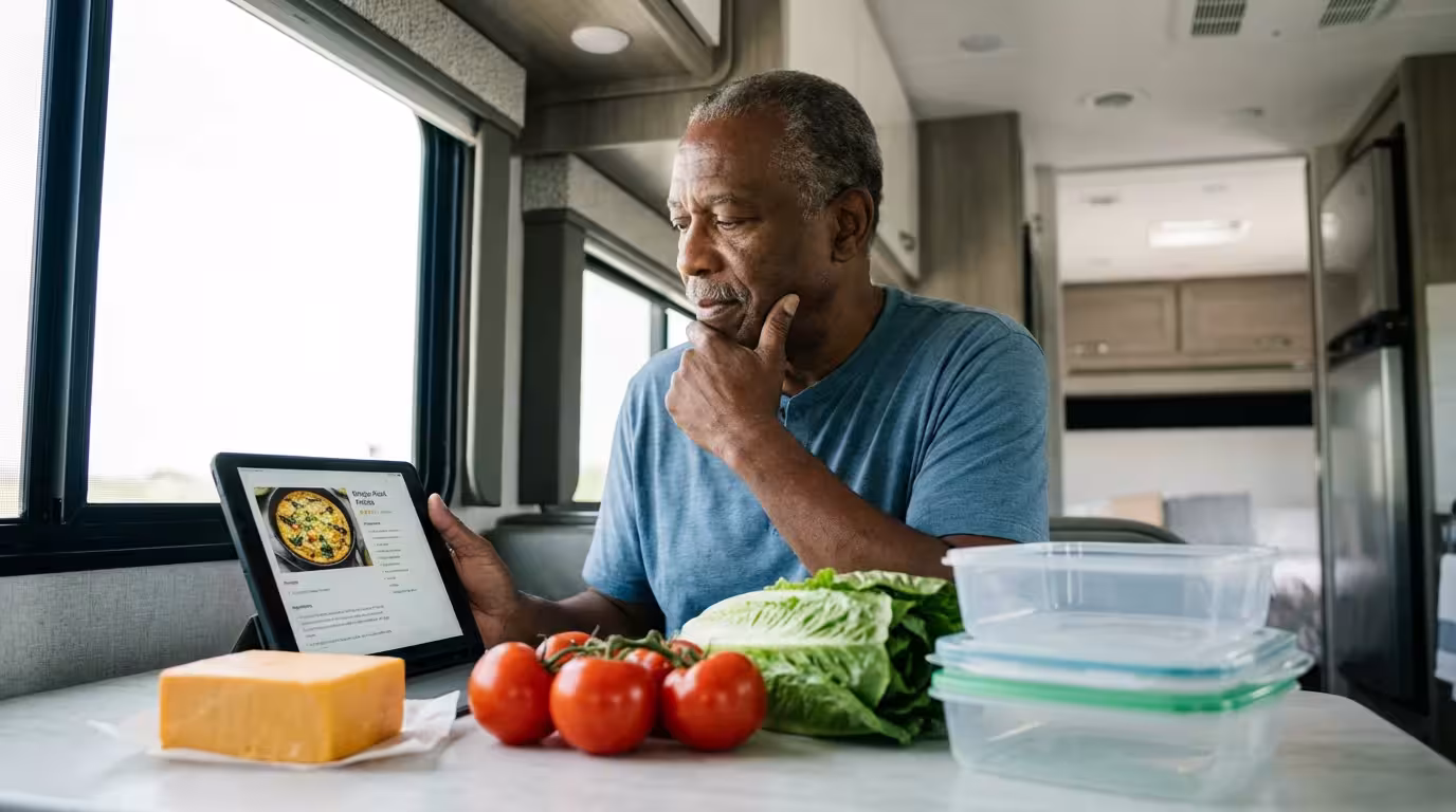 Senior man meal planning with fresh ingredients and containers in a modern RV.