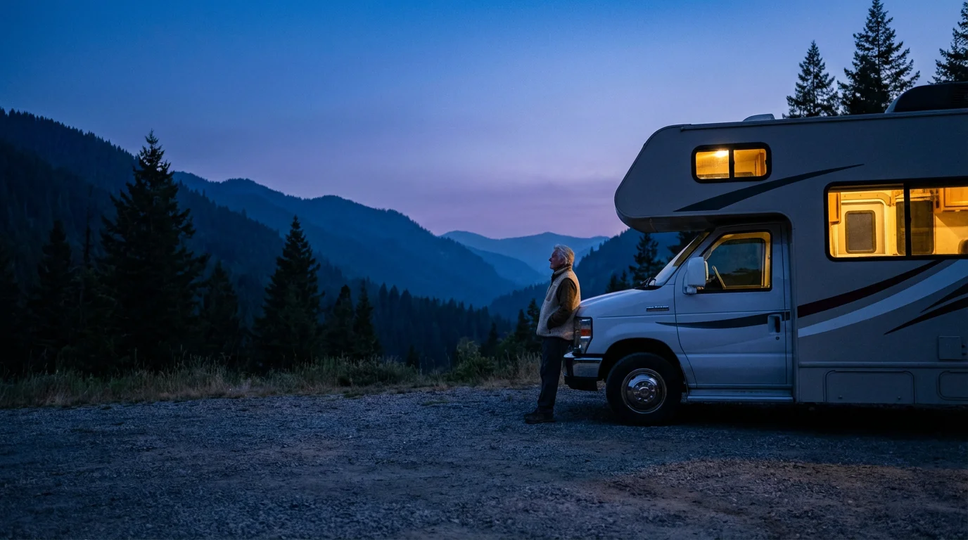Senior man next to his RV boondocking in the mountains during a cool twilight.