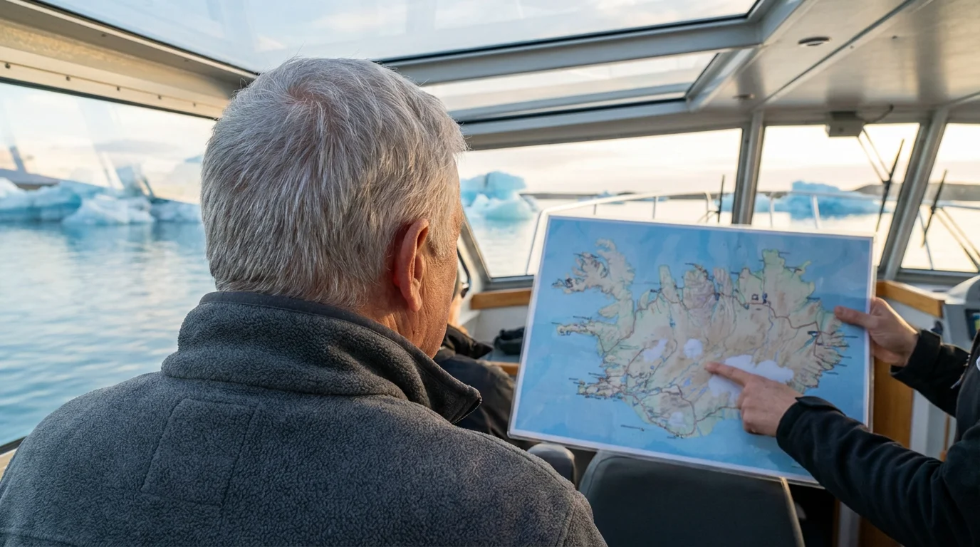 Senior man on a boat tour in Iceland's Jökulsárlón glacier lagoon planning with a guide.