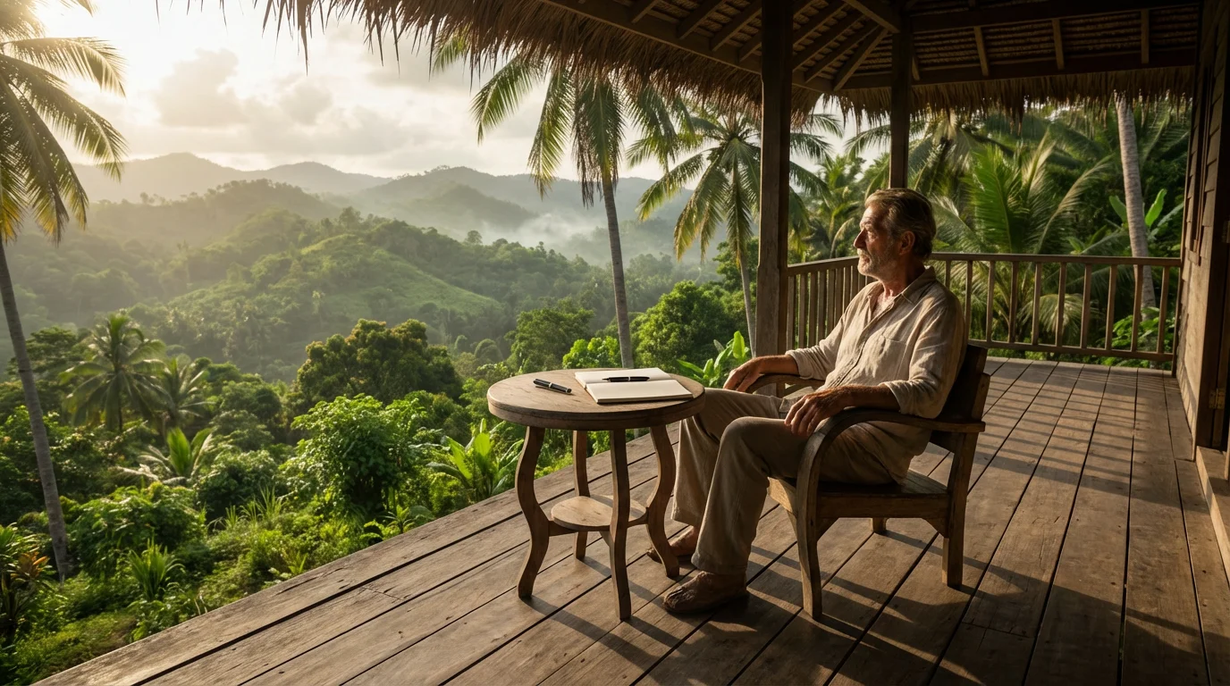 Senior man on a guesthouse veranda overlooking a lush landscape, thoughtfully planning his budget.