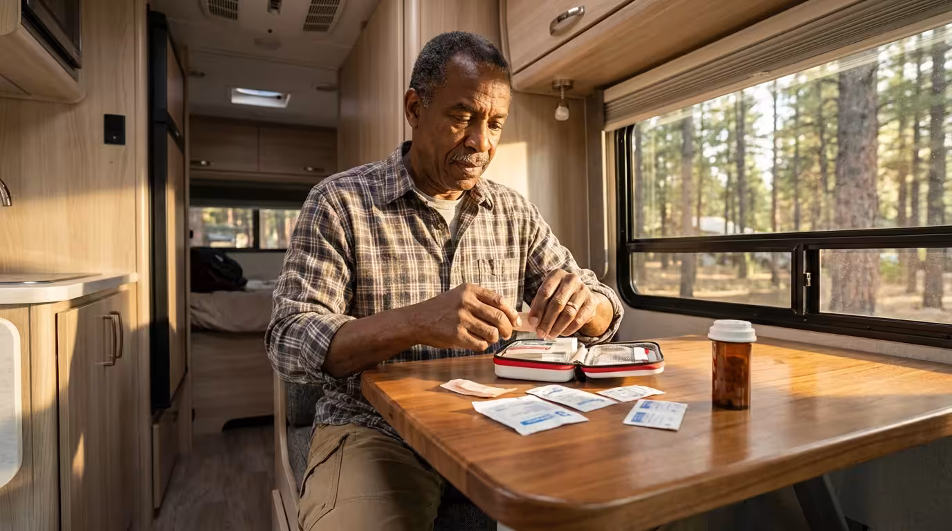 Senior man organizing a first-aid kit inside his modern RV at a campsite.