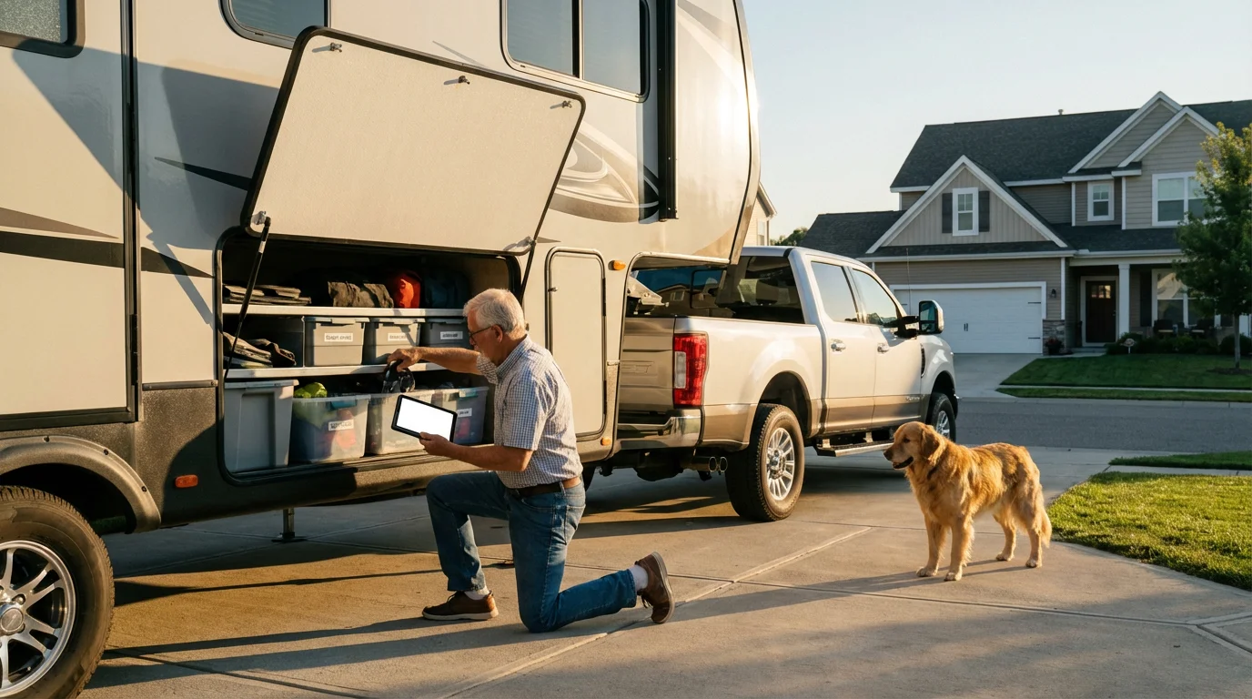 Senior man organizing gear in a fifth-wheel RV in a driveway at sunset.