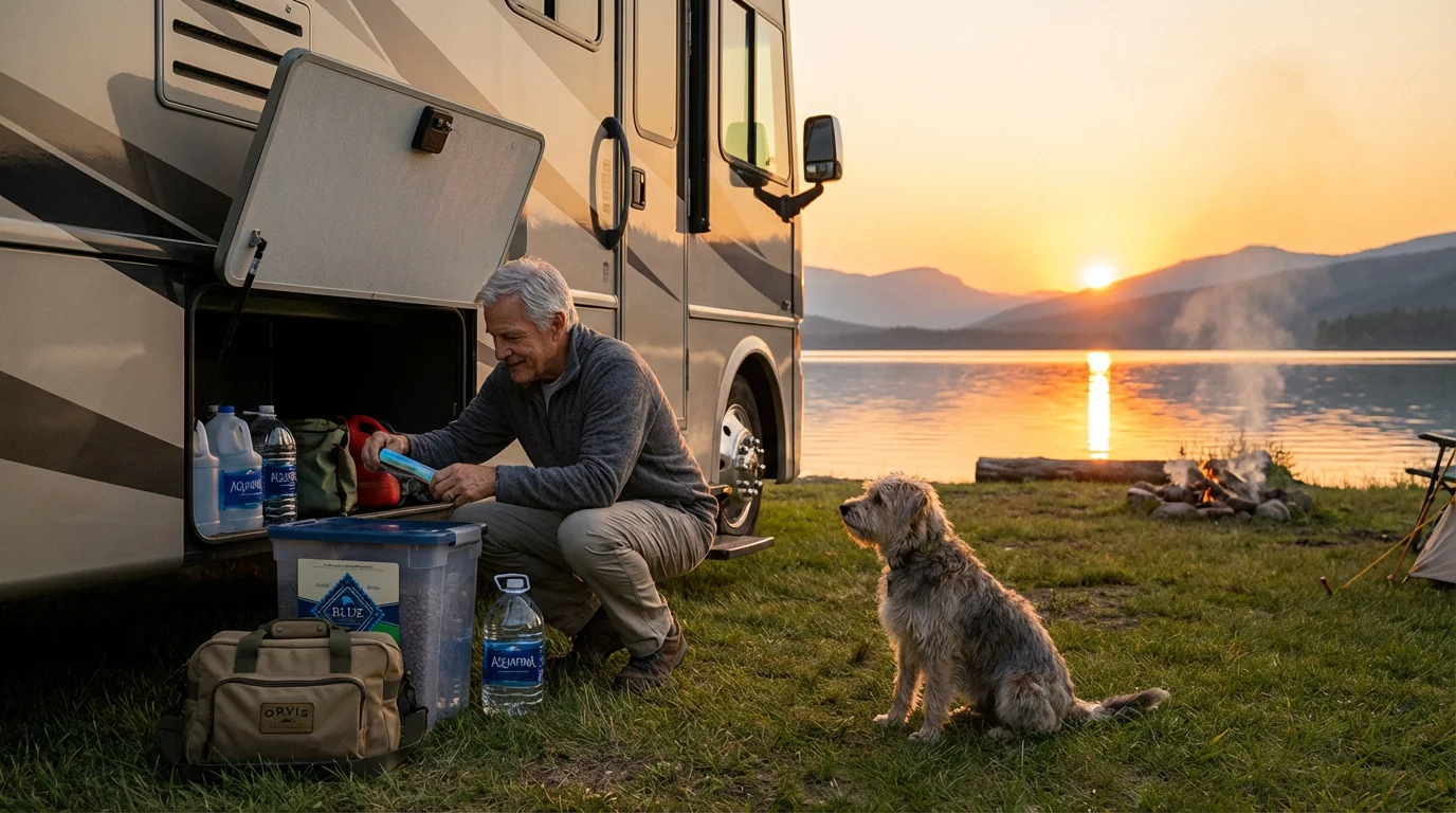 Senior man packing pet supplies into an RV cargo bay at a lakeside campsite.
