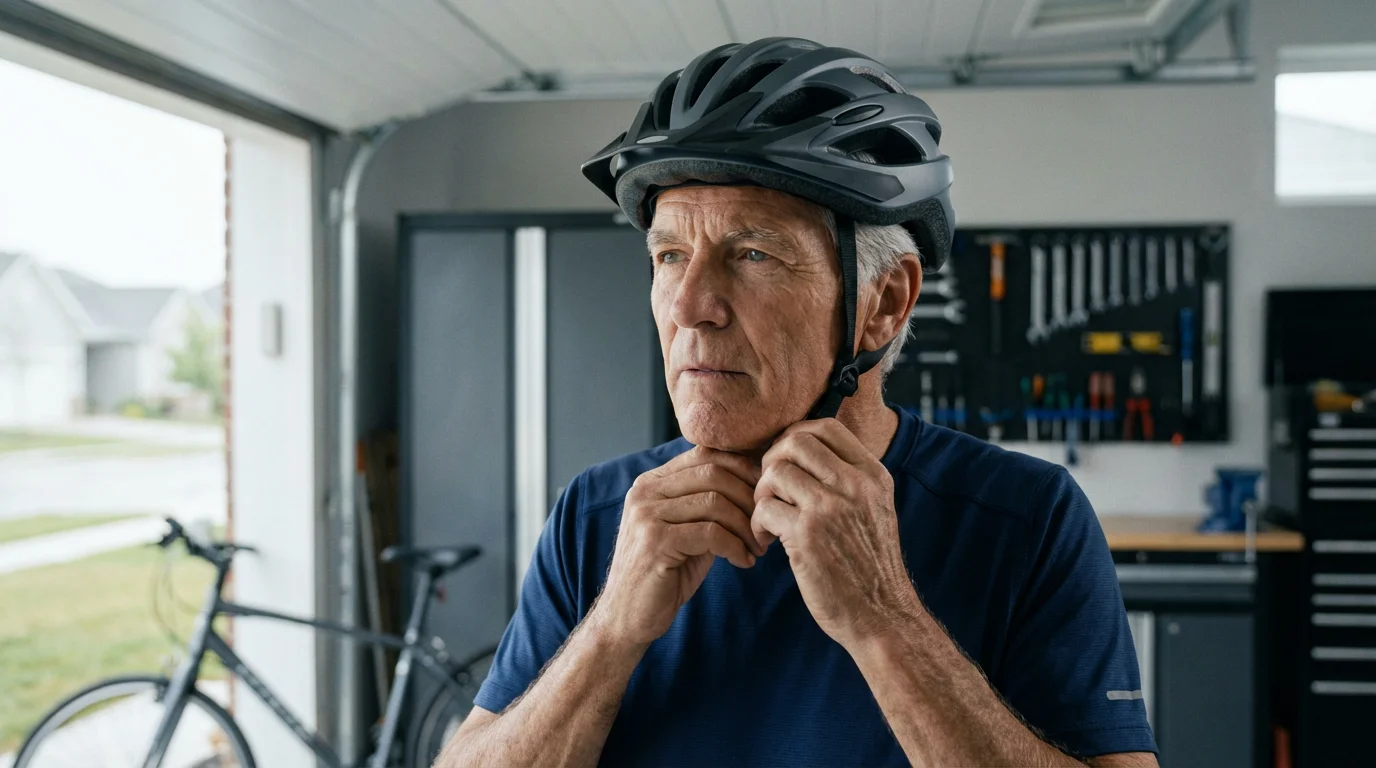 Senior man puts on a bicycle helmet for safety before his ride.