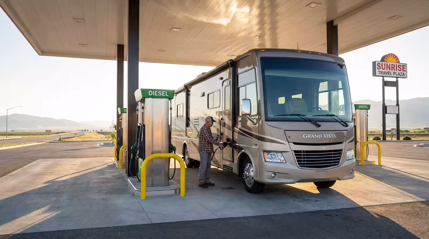 Senior man refueling a large Class A motorhome at a gas station at sunrise.
