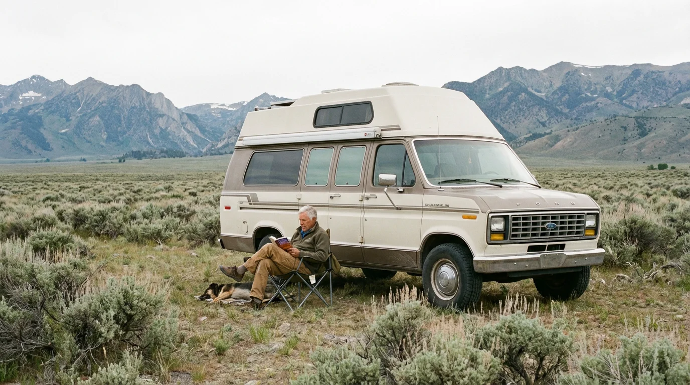 Senior man relaxing in a chair beside his RV in a remote, scenic valley.