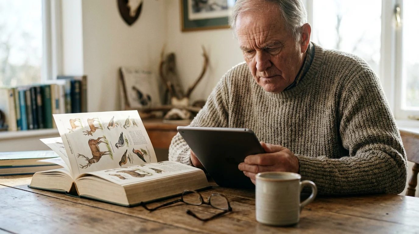 Senior man researches local wildlife on a tablet with a field guide at home.