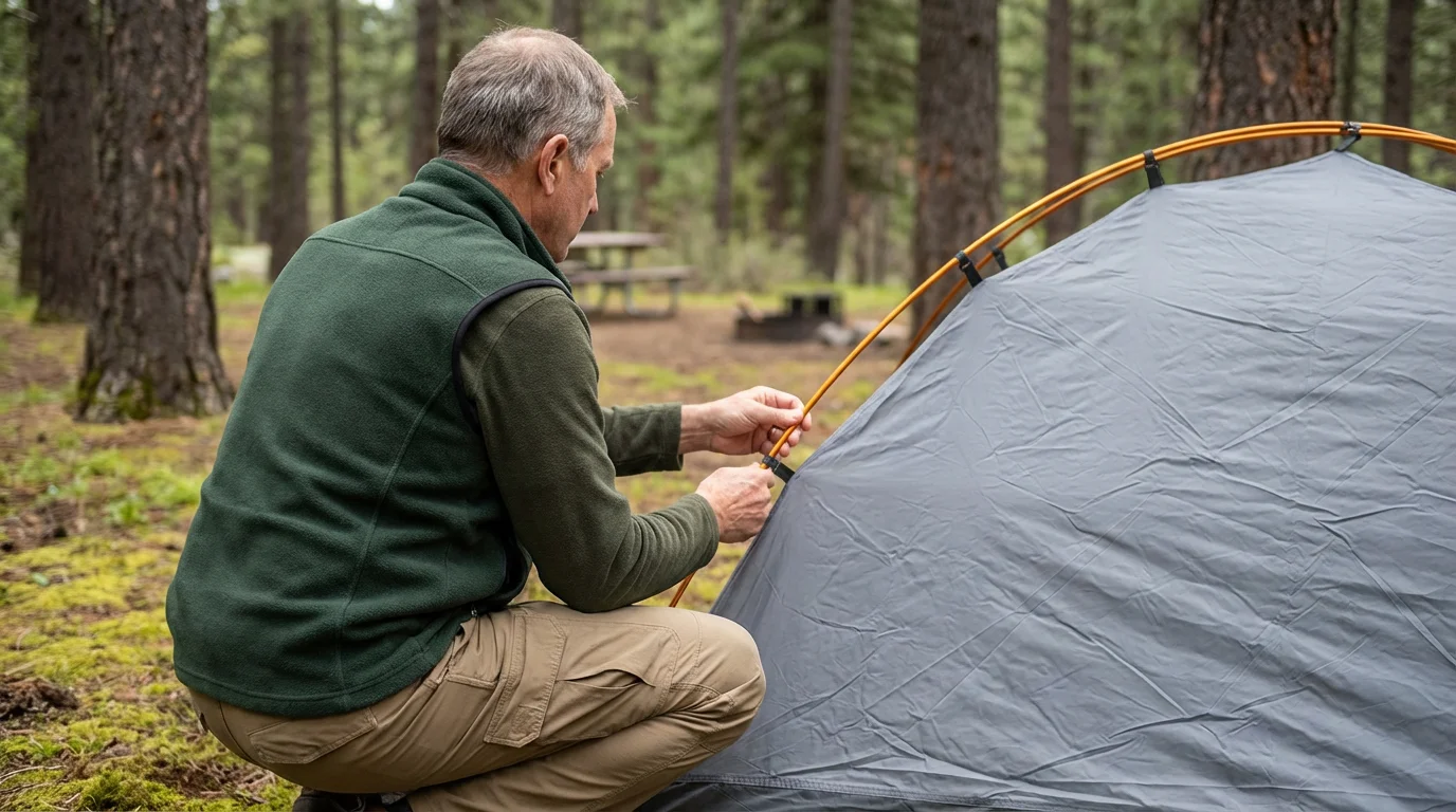 Senior man setting up a modern tent in a calm, wooded campsite.