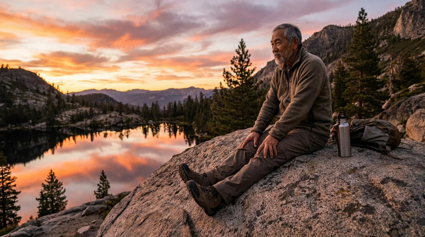 Senior man taking a mindful stretch break while hiking by a lake at sunset.
