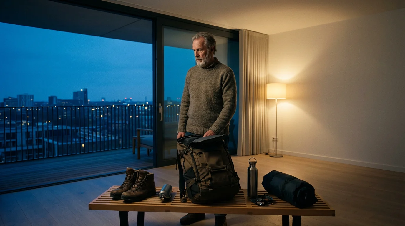 Senior man thoughtfully packing a durable travel backpack in a modern apartment at dusk.