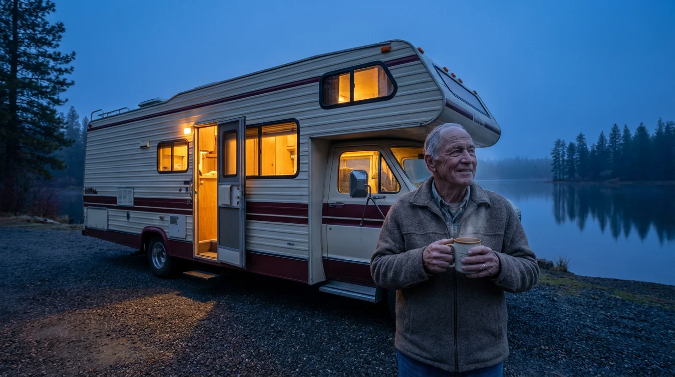 Senior man with a mug stands by his RV at a lakeside during blue hour.
