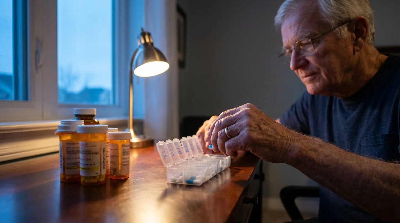 Senior man's hands carefully organizing prescription medications into a weekly pill organizer before travel.
