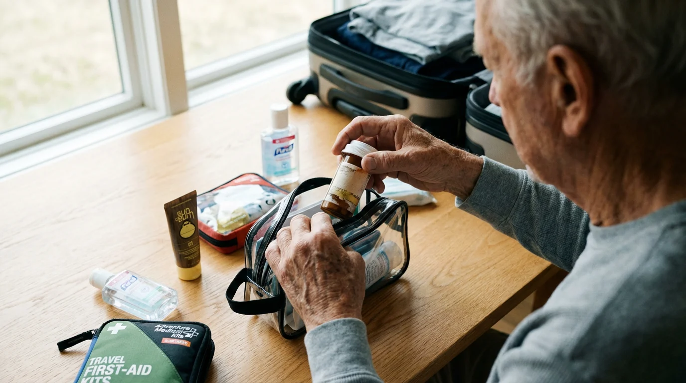 Senior man's hands packing a prescription bottle and travel toiletries into a clear carry-on bag.