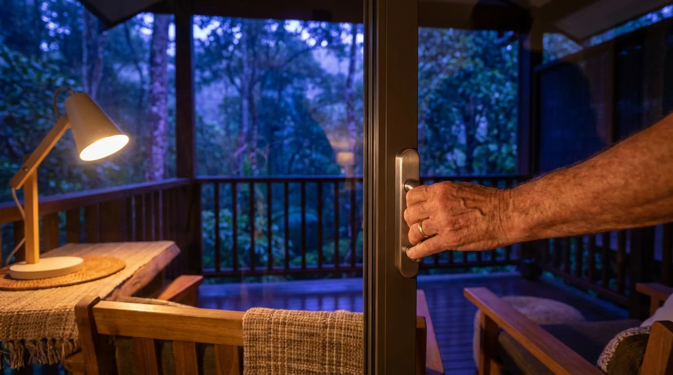 Senior traveler locking a glass patio door in a luxury eco-lodge at twilight.