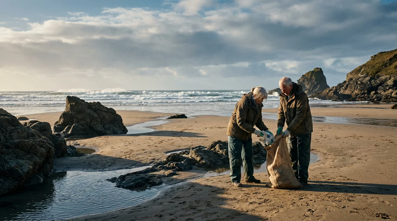 Senior volunteers cleaning a dramatic, rocky beach during a moody late afternoon.