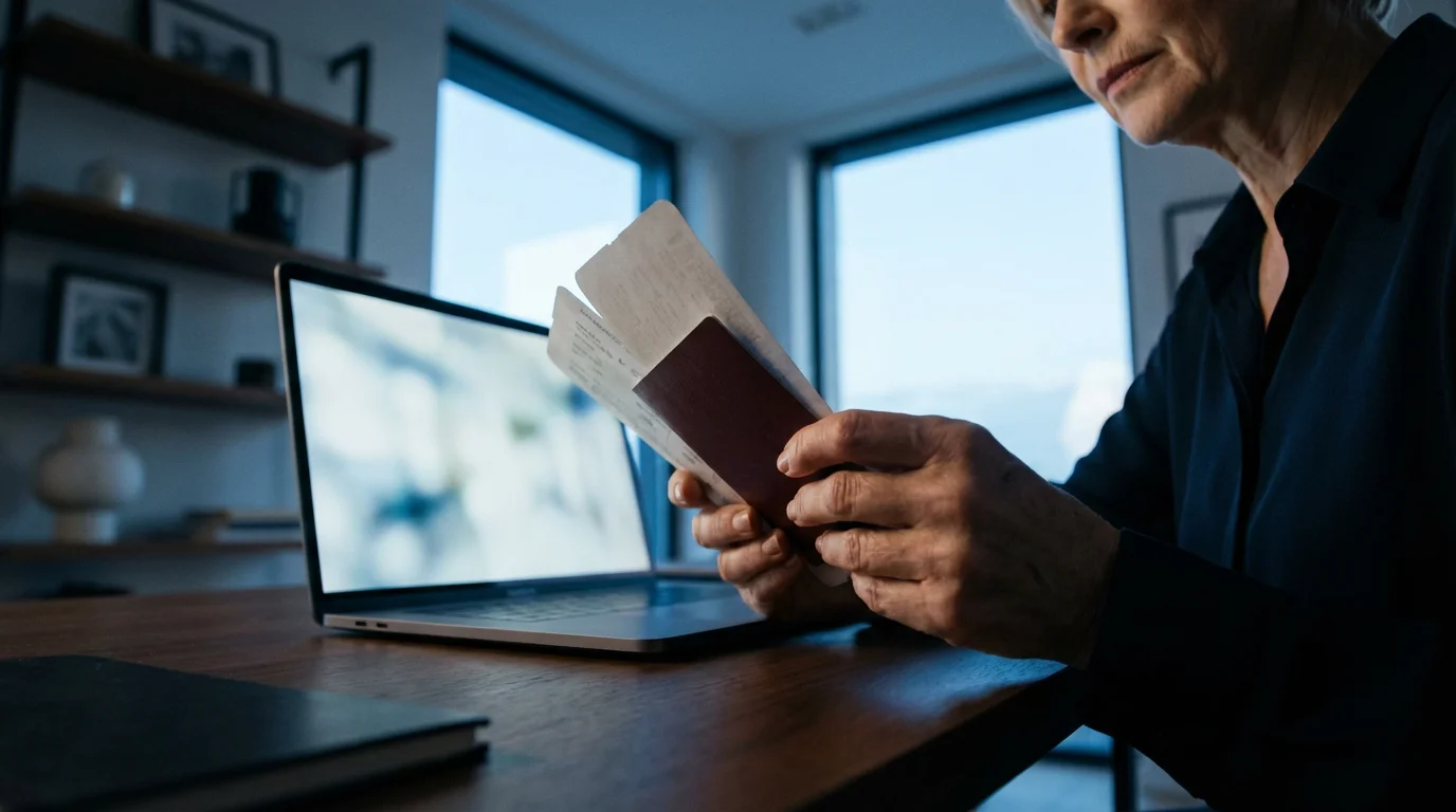 Senior woman at a desk with a laptop and passport planning her trip.