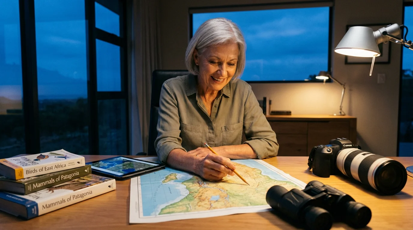 Senior woman at a desk with maps and a camera, planning a photography trip.