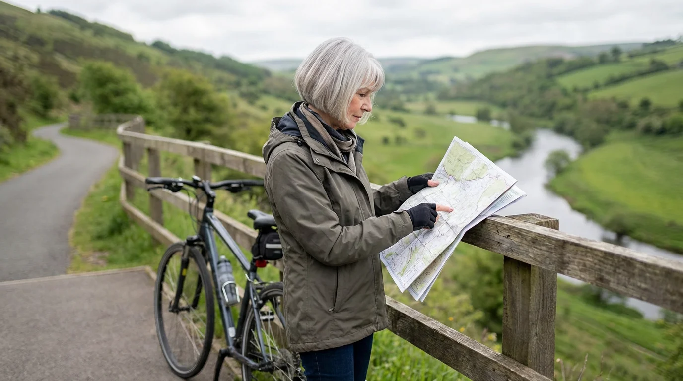 Senior woman at a scenic overlook planning her biking route on a physical map.