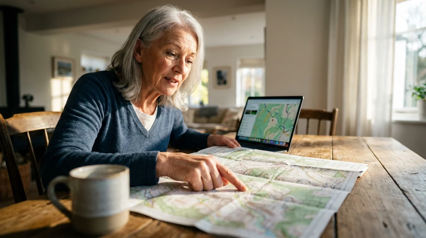 Senior woman at a table planning a hiking route using a paper map and laptop.