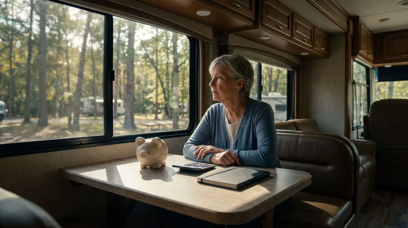 Senior woman at an RV dinette with a piggy bank, budgeting for maintenance.
