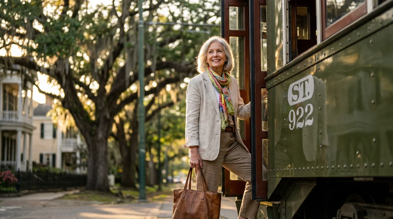 Senior woman boarding a historic St. Charles streetcar in New Orleans during golden hour.