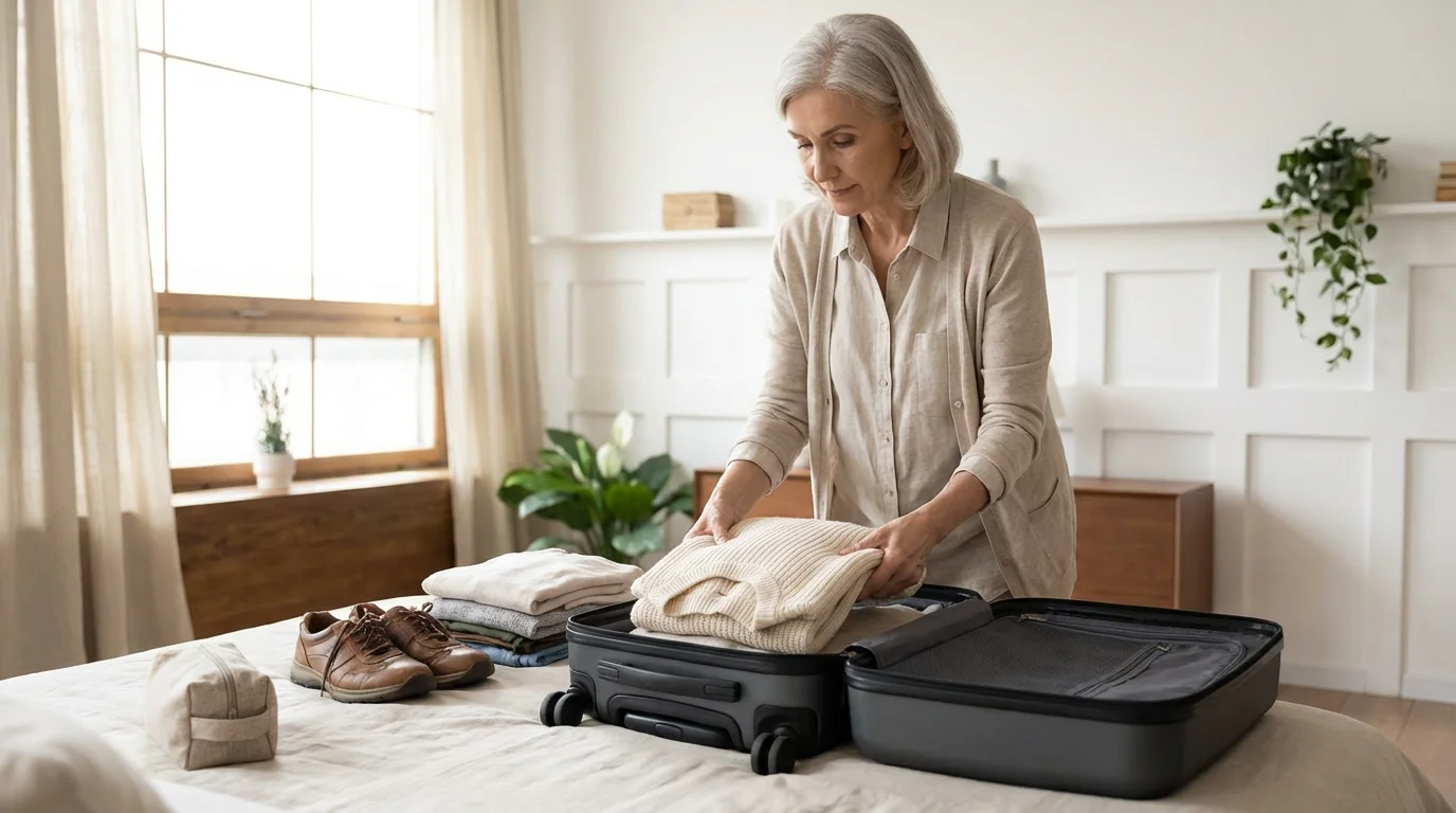 Senior woman carefully packing a suitcase with comfortable clothes and shoes for a trip.