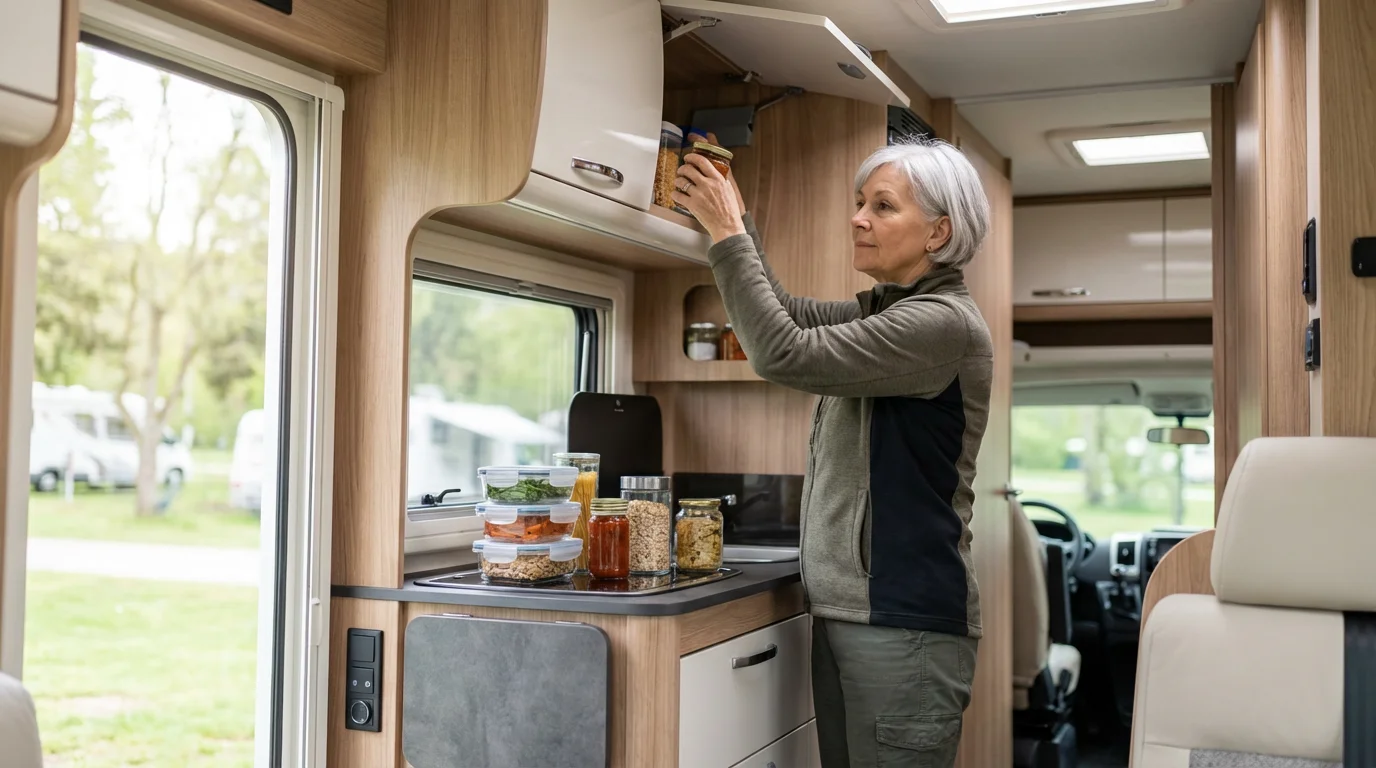 Senior woman carefully packing food supplies into a cabinet inside a bright, modern RV.