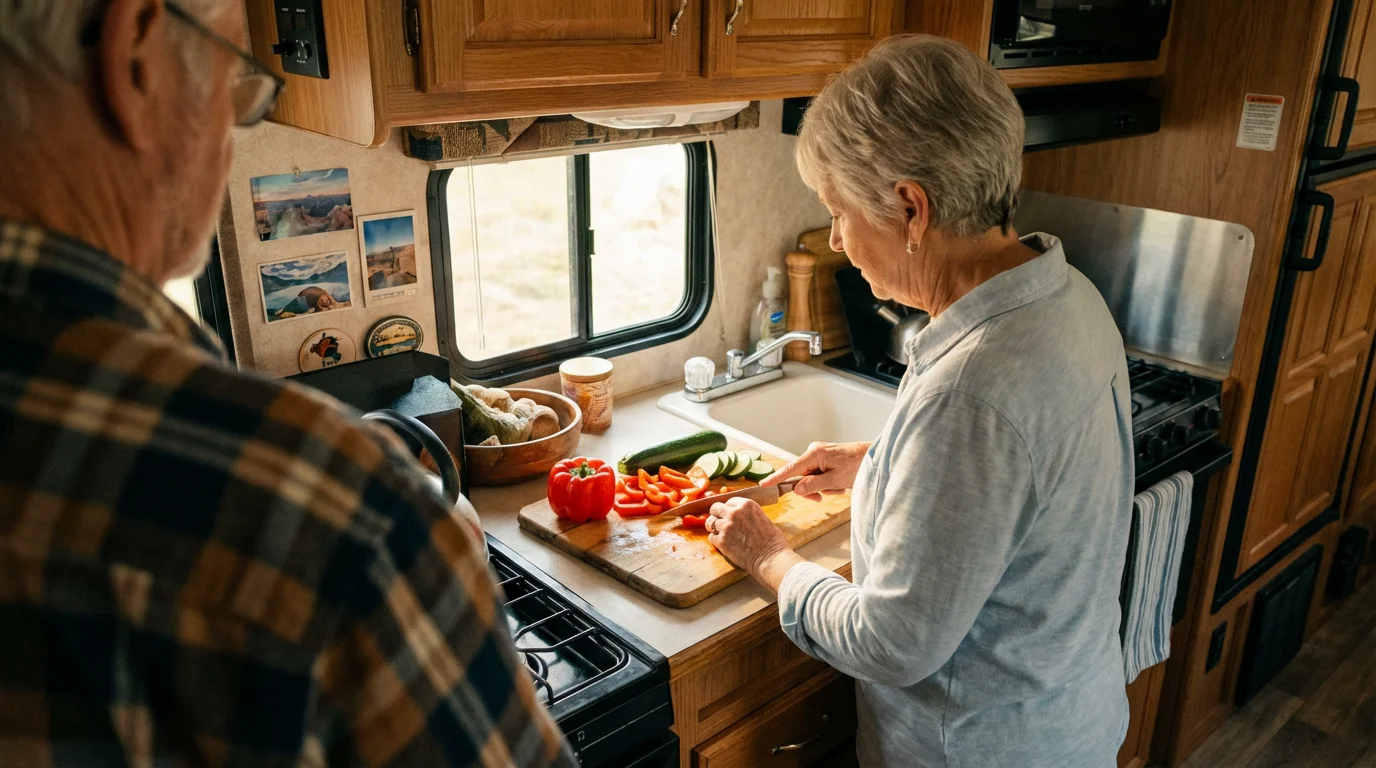 Senior woman chopping fresh vegetables for a healthy meal inside a sunlit RV kitchen.