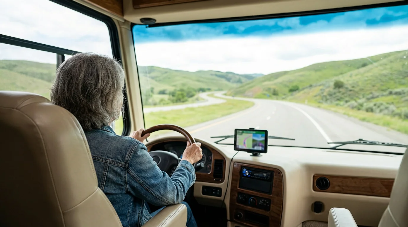 Senior woman driving an RV, using a dashboard-mounted GPS on a scenic highway.