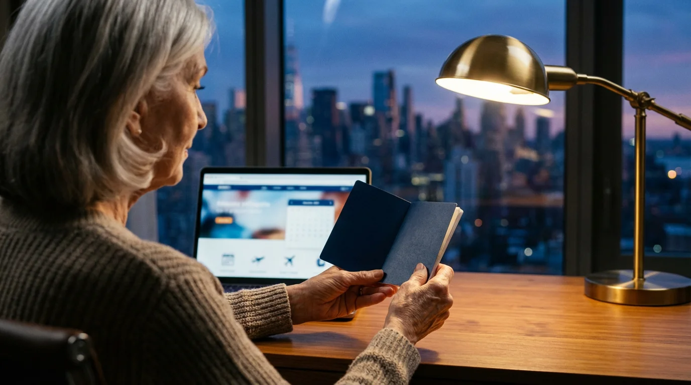 Senior woman holding a passport at her desk in the evening, planning travel.