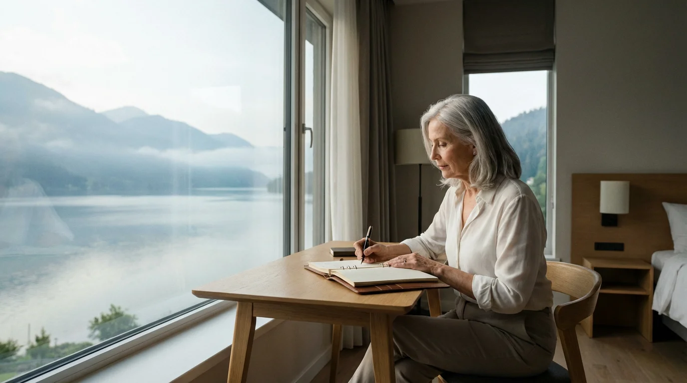 Senior woman journaling by a large window with a scenic mountain lake view.
