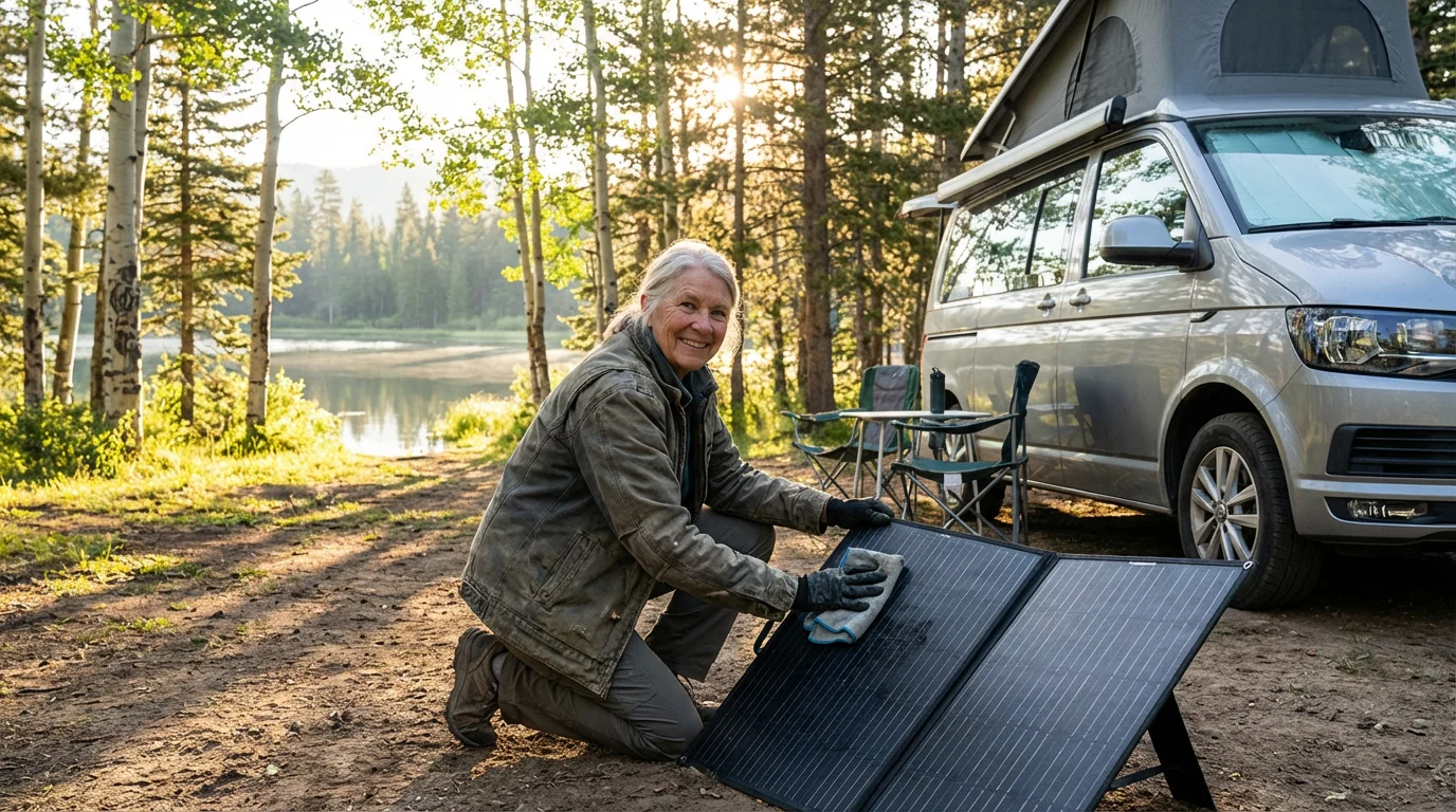 Senior woman maintaining a portable solar panel for her camper van while boondocking.