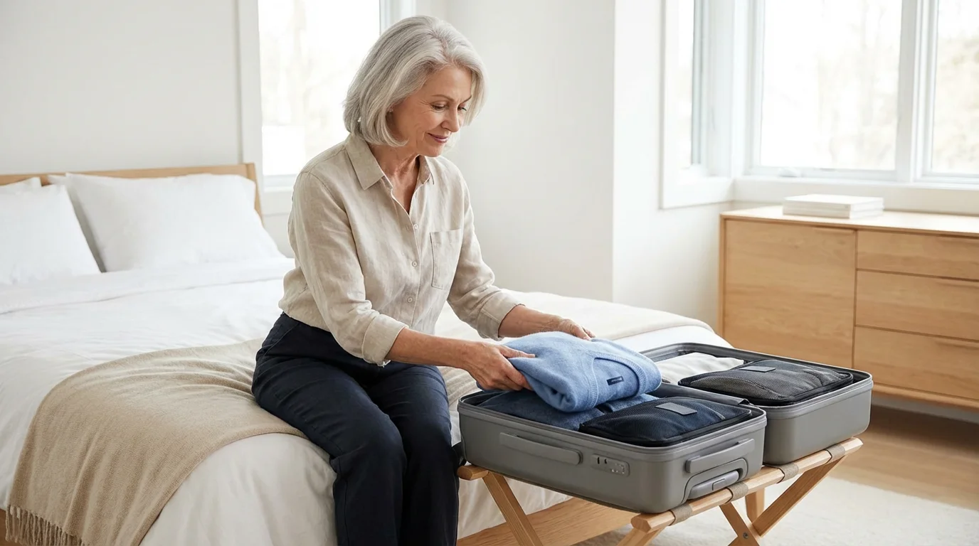 Senior woman neatly packing rolled clothes into an open suitcase on a bed.