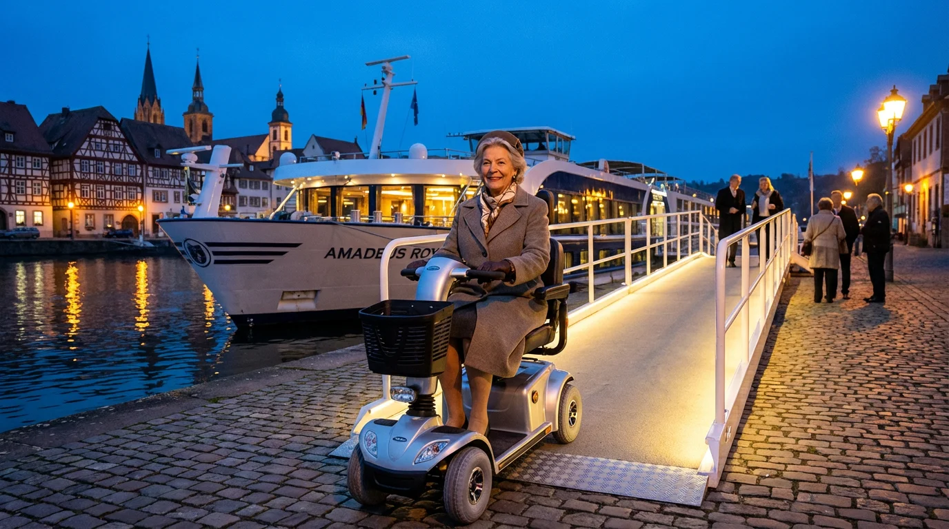Senior woman on a mobility scooter disembarking an accessible European river cruise ship.