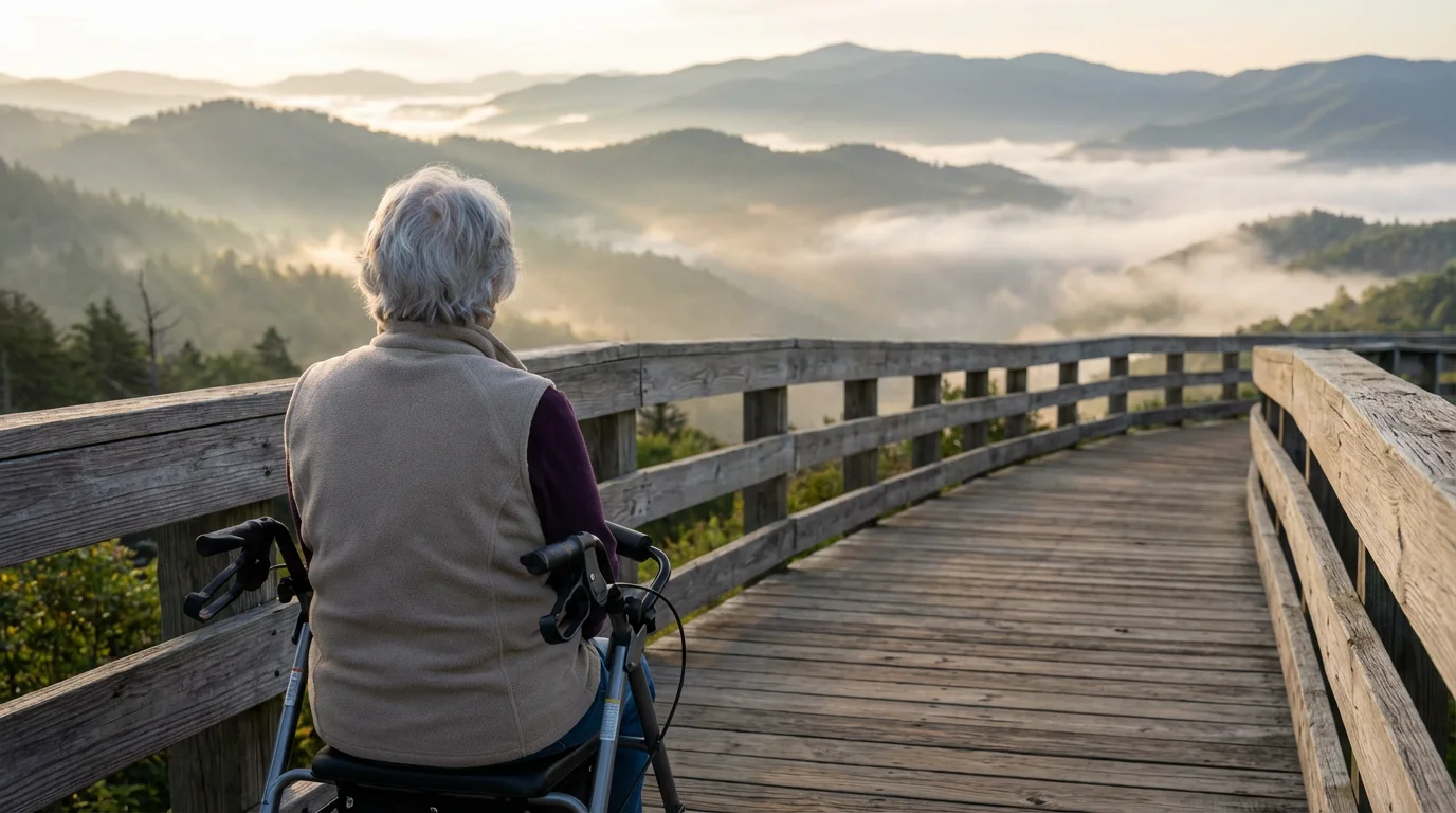 Senior woman on a mobility walker enjoying the Smoky Mountains from an accessible boardwalk.