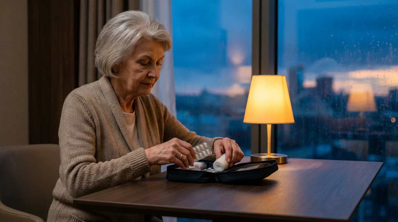 Senior woman organizing a travel first-aid kit in a hotel room at dusk.